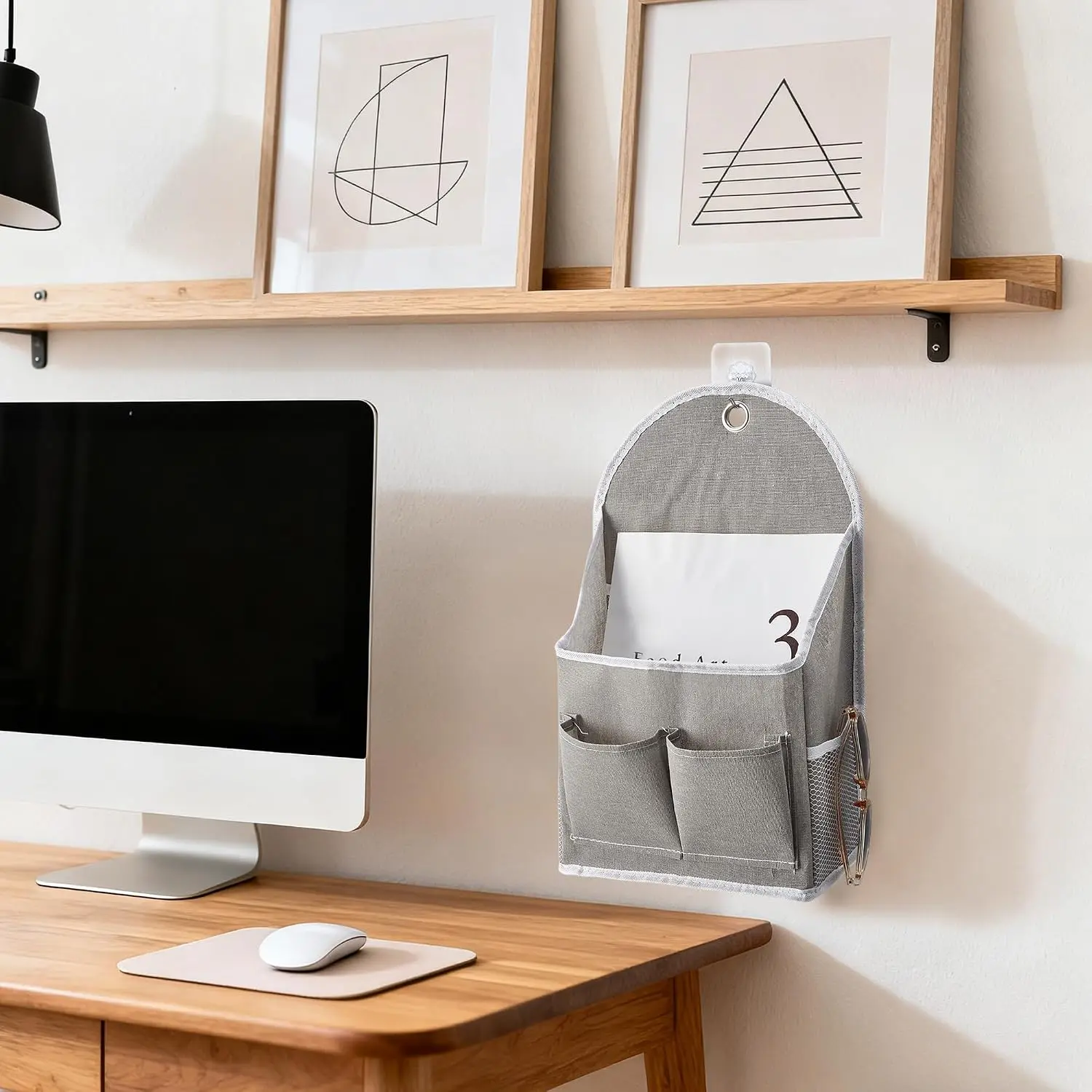 Space-Saving Wall Hanging Organizer Bags - Cotton Linen, Waterproof, Metal Grommet Hooks, Mesh Front & Side Pockets - Closet Storage Solution - 4-Pack, Gray, 23x9x40cm