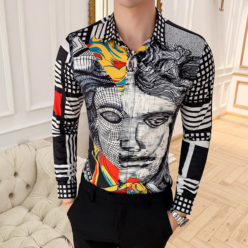 2022 Fall Men\'s Retro Printed Long Sleeve Shirt New Fashion Slim Fit Shirt Casual Club Shirt Men Camicia Uomo/ mens shirt