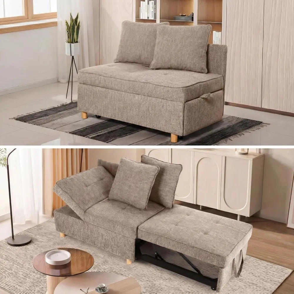 Sofa Bed Chair 4in1 Convertible Chair Bed, 3Seat Linen Fabric loveseat Sofa with 2 Throw Pillow, Single Recliner for Small Spac