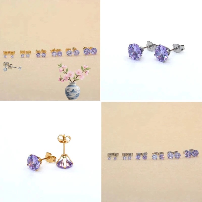 Light Purple AAA Crystal Zircon Stud Earrings 316L Stainless Steel Allergy Free No Easy Fade Sizes 3mm-8mm