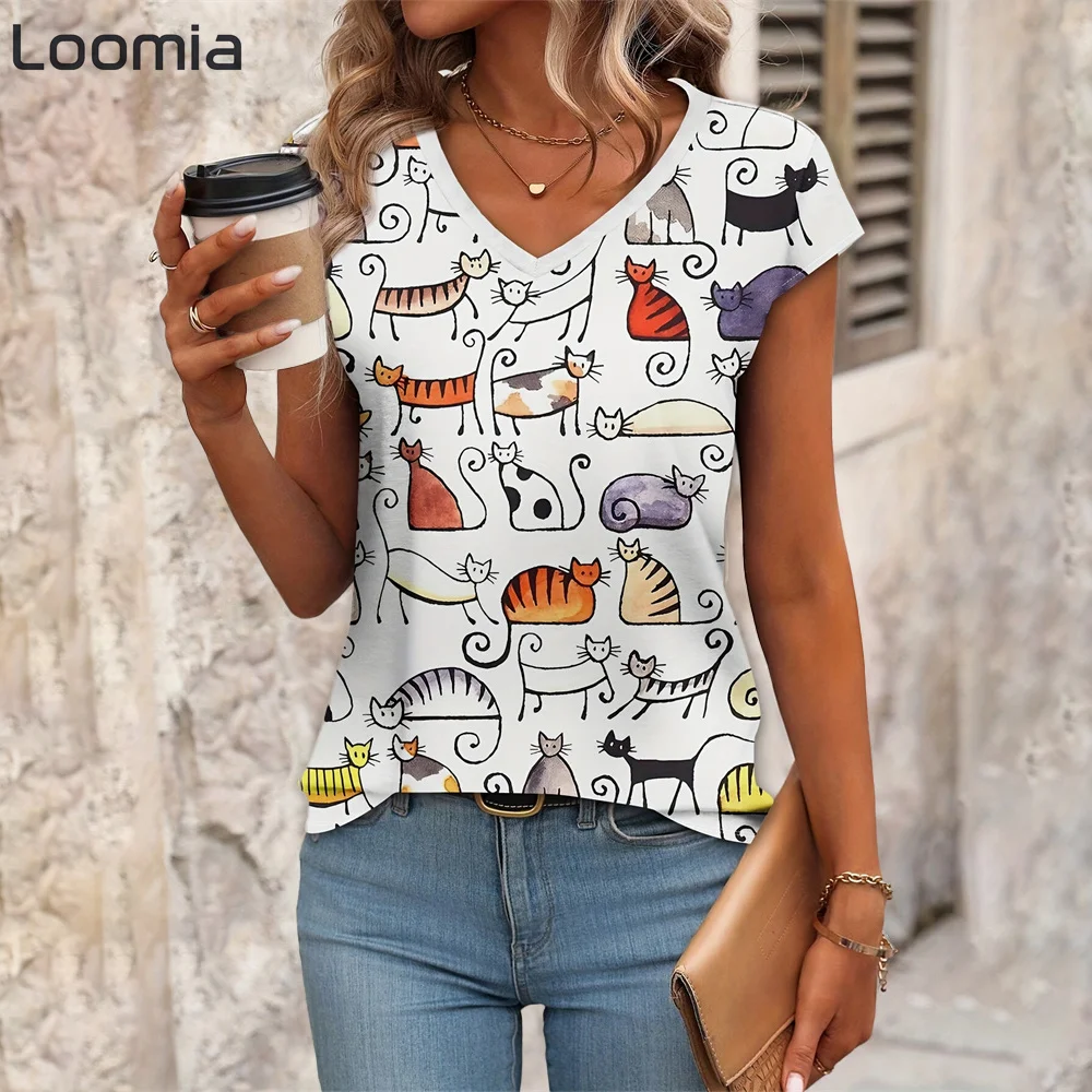 

Fashion Animal Graphic T Shirts Summew New Woman Clothes Casual Harajuku T-Shirt Y2k Clothes V-Neck Female Clothing Top Women