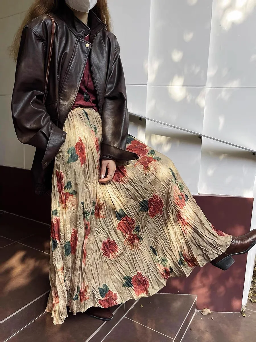 2025 Spring Summer Vintage Rose Print Maxi Skirt - High Waist A-line Crinkle Chiffon Skirt with Floral Gradient & Anti-Static