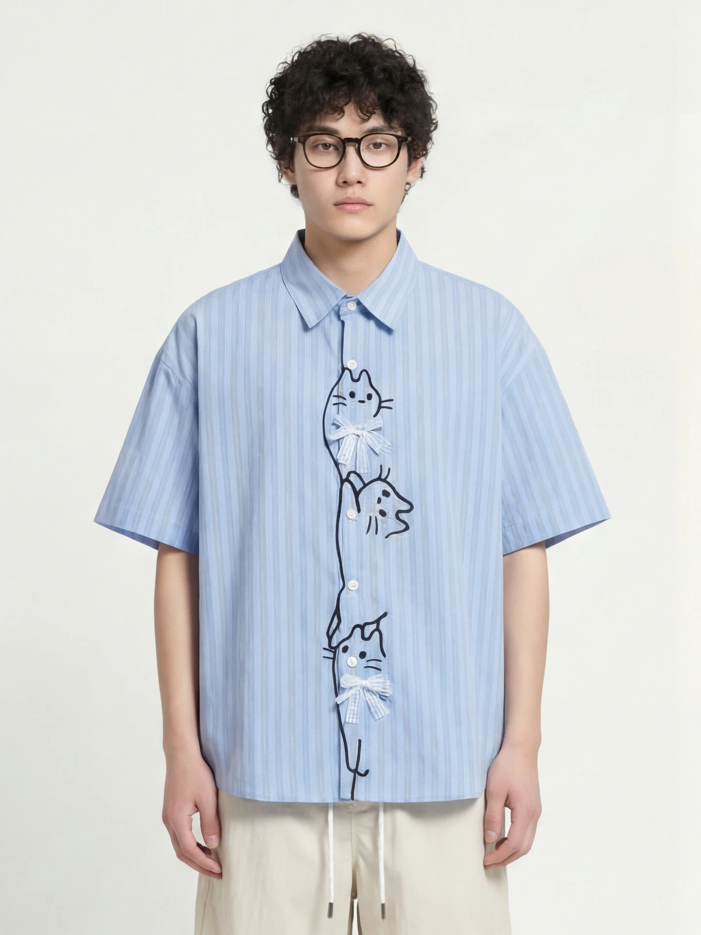 

Loose ort Sve irt from Sweet Blue Stripe Lace Knot ex Cotton Polyester Blend Breathable Casual irt