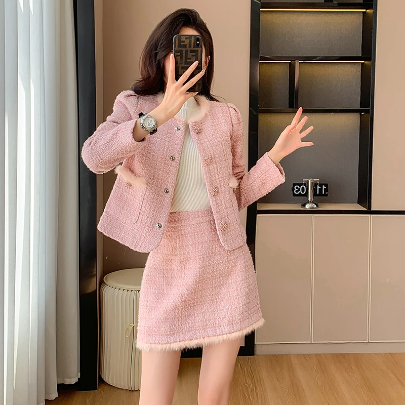 Actual Photos 2023 New Pink Chic Style Short Jacket Set for Women Winter Goddess Youthful Slimming Two-Piece Set Hot Sale Trendy