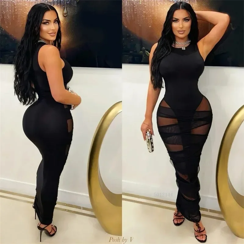 Doyerl المرأة Y2K شبكة سوداء شفافة المرقعة Bodycon فستان ماكسي مثير ضمادة فستان طويل لحفلة عيد ميلاد النادي الليلي