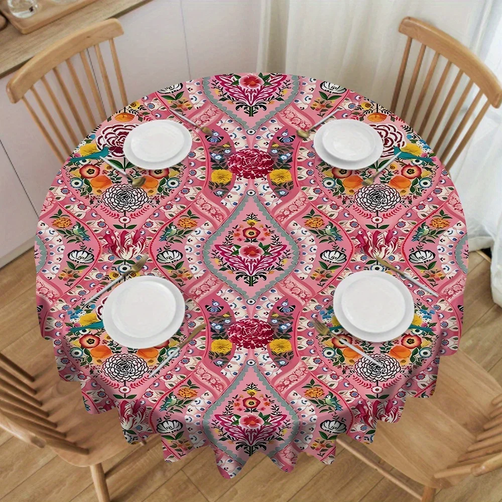One Bohemian-style round tablecloth, a Valentine's Day-themed polyester fabric that is easy to clean and maintain.yzb