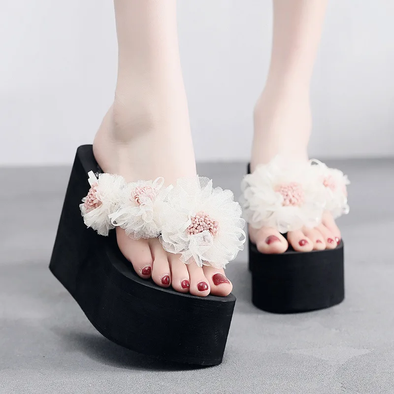 2024 New High-heeled Flip-flops Women\'s Summer Non-slip Beach Slippers Wedges Sweet Lace Flowers Ladies Vacation Beach Shoes