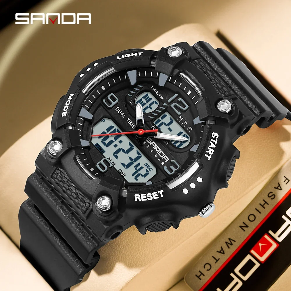 SANDA-reloj deportivo para hombre, pulsera electrónica de cuarzo multifuncional, resistente al agua y a los golpes, con tecnología negra, a la moda, 6179