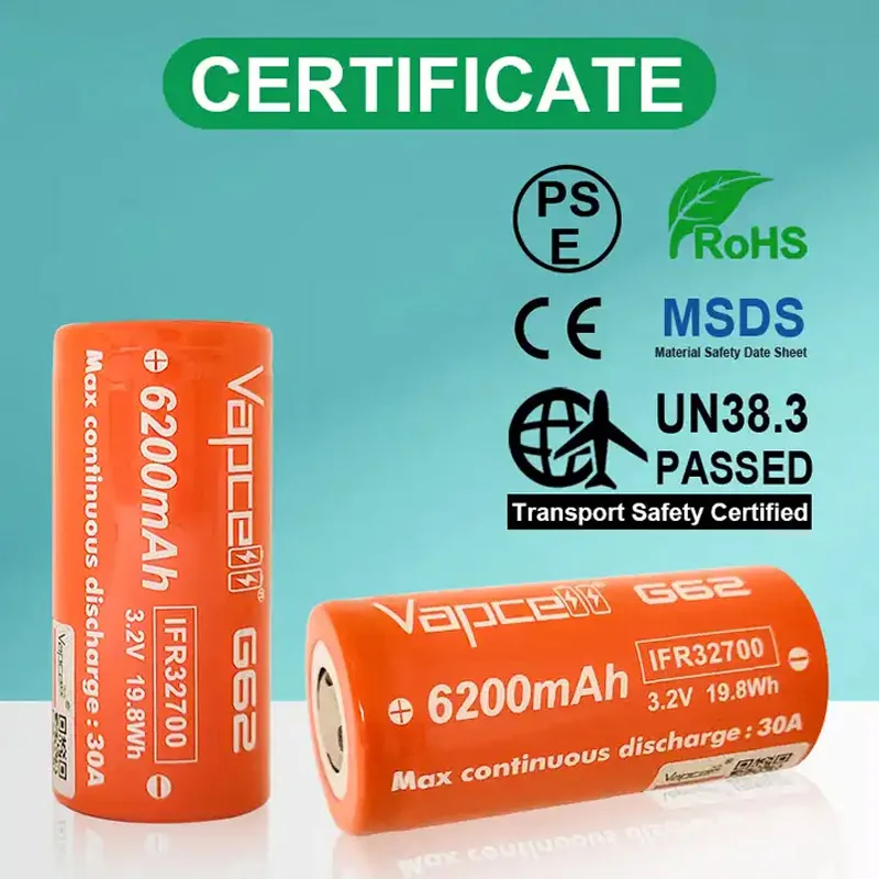 Original Vapcell G62 IFR 32700 Battery 6200mAh Capacity CDR 30A Max 55A 3.2V Lifepo4 Battery For DIY Battery Pack Flashlight