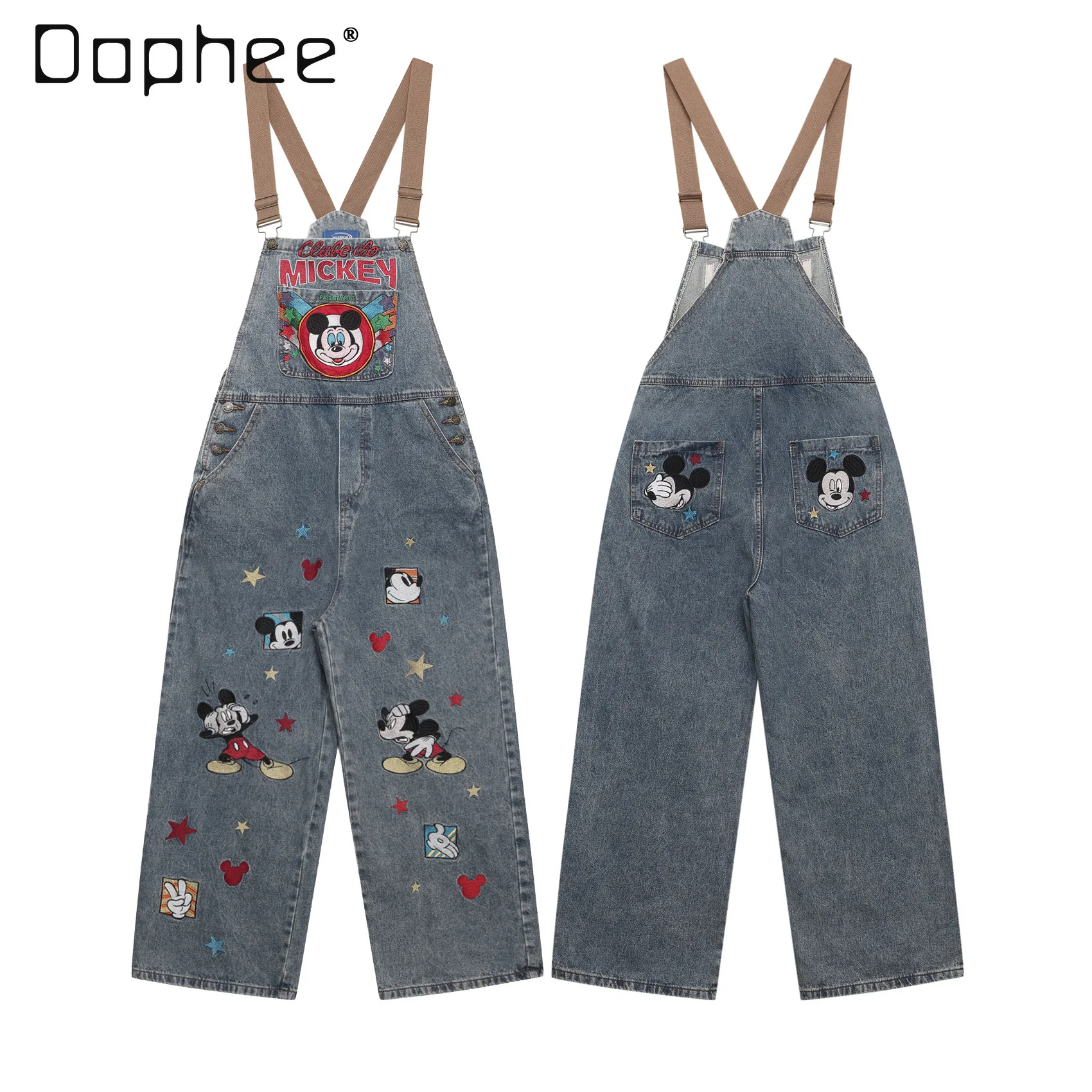 

Американский ретро мультфильм вышивка потертый джинсовый комбинезон для мужчин и женщин пары свободный комбинезон длинные брюки широкие джинсы