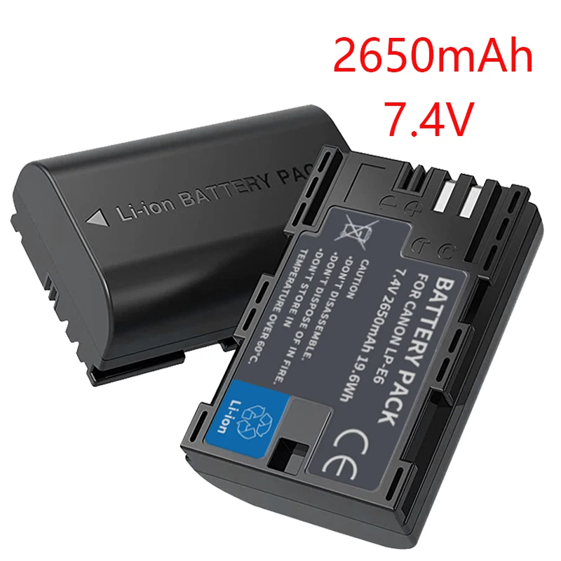 7.4v 2650mAh LP E6 LP-E6 Battery With Charger for Canon EOS 70D 80D 90D R R5 R6 R7 5D Mark II III IV 5DS 5DSR 6D 7D DSLR Camera