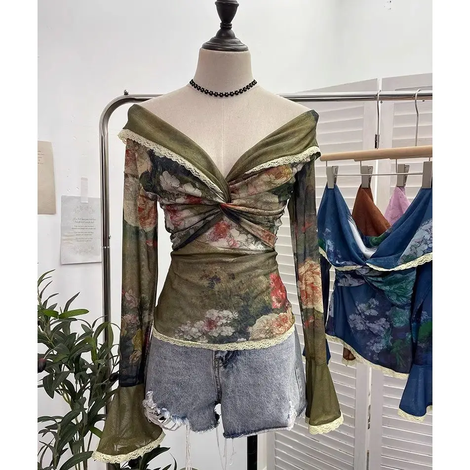 Women Vintage Painting Floral Print Top Off Shoulder Twist Front Lace Trim Long Flare Sleeve Slim Elegant Y2K Streetwear Tee