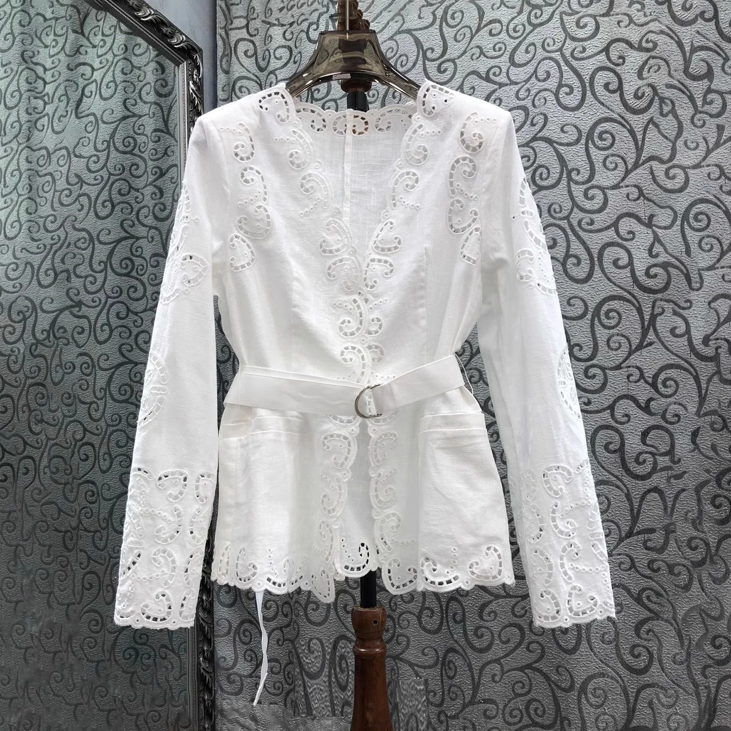 

Top Quality New Linen Blouse Shirt 2025 Autumn Women Sexy V-Neck Allover Hollow Out Embroidery Belt Deco Long Sleeve Blouses