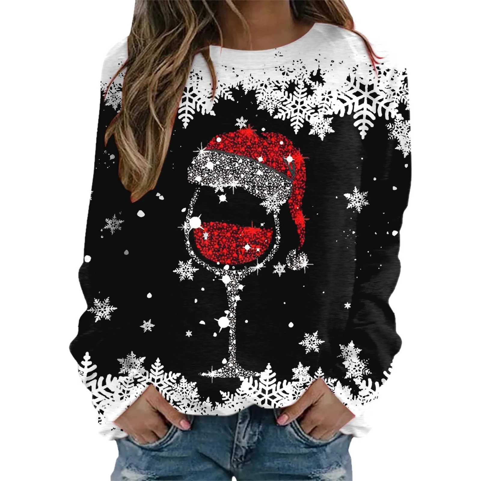 Snowflake Print Christmas Sweatshirt Round Neck Long Sleeve Xmas Women Pullovers Top Wine Glass Sweatshirt Hoodies