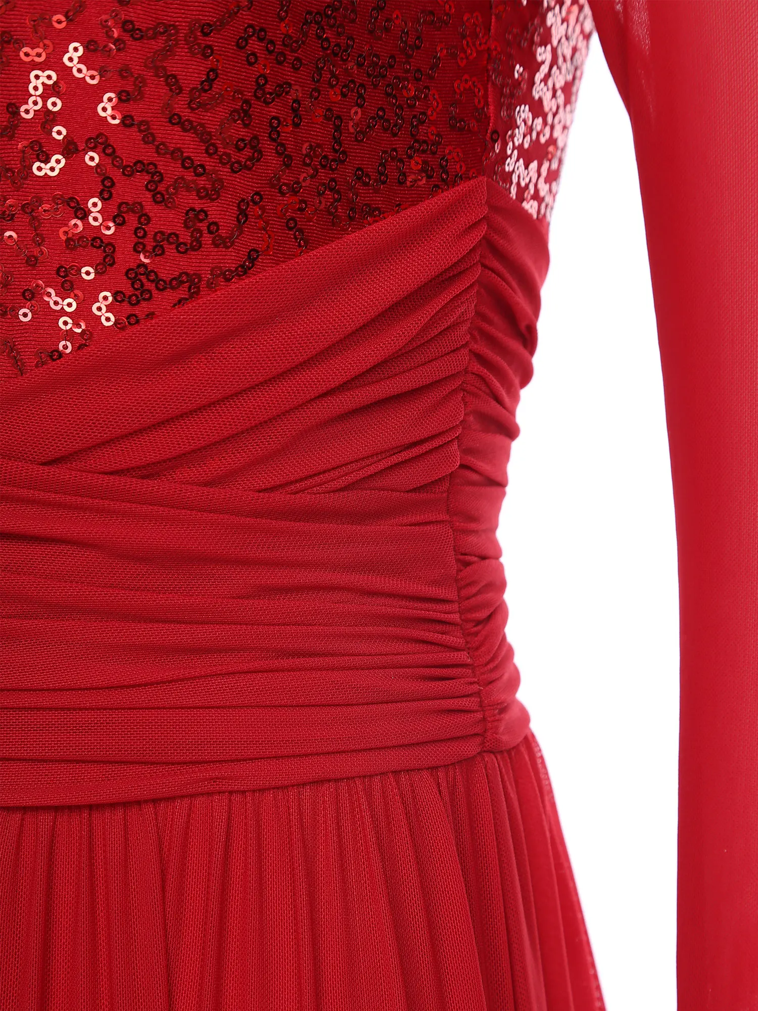 ผู้หญิงโมเดิร์นโคลงสั้น ๆ เต้นรําชุดแขนยาวเลื่อมตาข่าย Tulle แยก Maxi Leotard ชุดสําหรับยิมนาสติกสเก็ตบัลเล่ต์