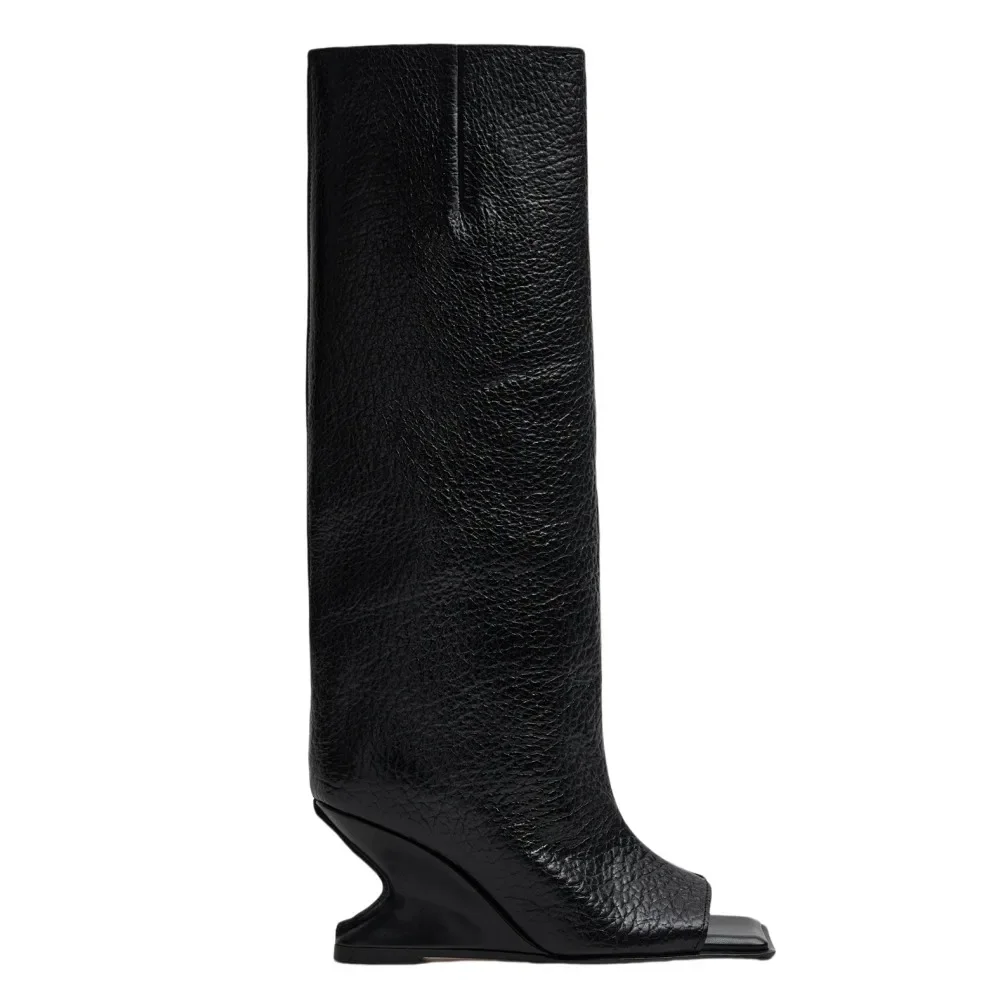 New Fashionable Square Toe High-heeled Women's Knee High Boots, Stone Patterned Women's Medium Length Open Toothed Cool Boots