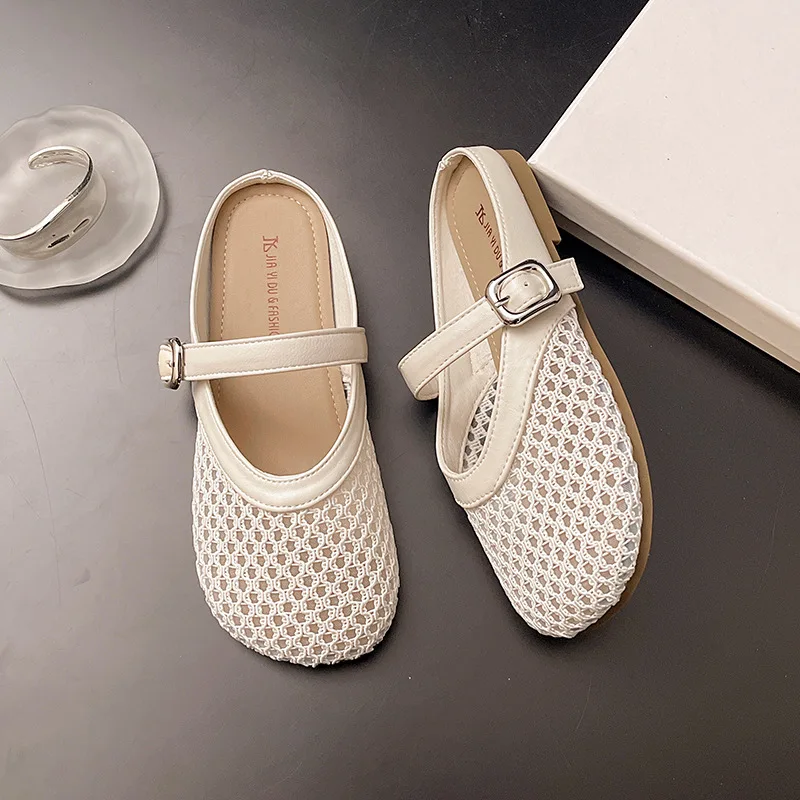 2025 Summer Fashion Hollow Out Breathable Mesh Women Slippers Zapatos De Mujer Round Head Flat Fishnet Party Dress Mule Shoes
