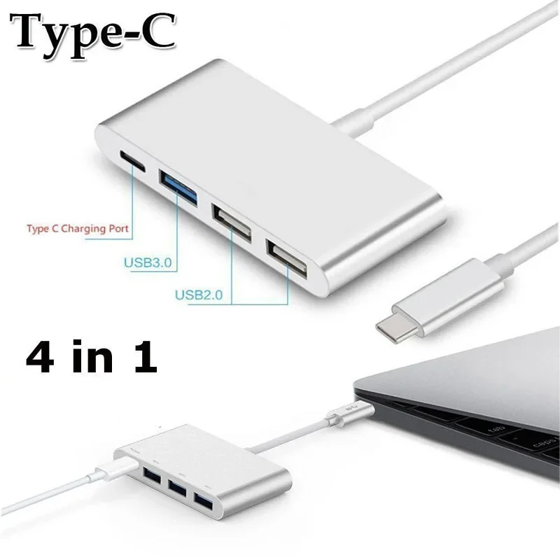 4 IN1 USB 3.1 Type-C Male to USB 3.0 HUB Female USB-C Charging Port Connecting Adapter Data Transfer Cable for Macbook Laptop