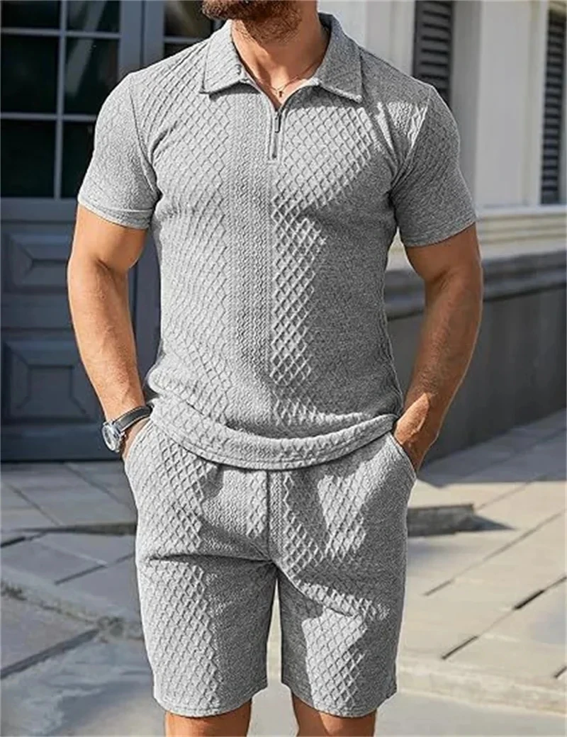 

New summer Men Suit Fashion Men's tracksuit Jacquard Half Zip Short Sleeve Polo Shirt+Shorts 2 PCS Sets Men Casual Sports Suit