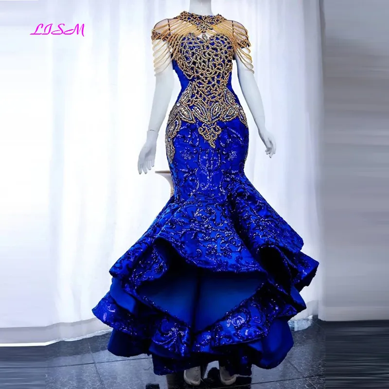 LISM Luxury Aso Ebi Mermaid Evening Dresses for Women Sequin Beading Royal Blue Prom Gown Celebrity Wedding Reception Dress 2023