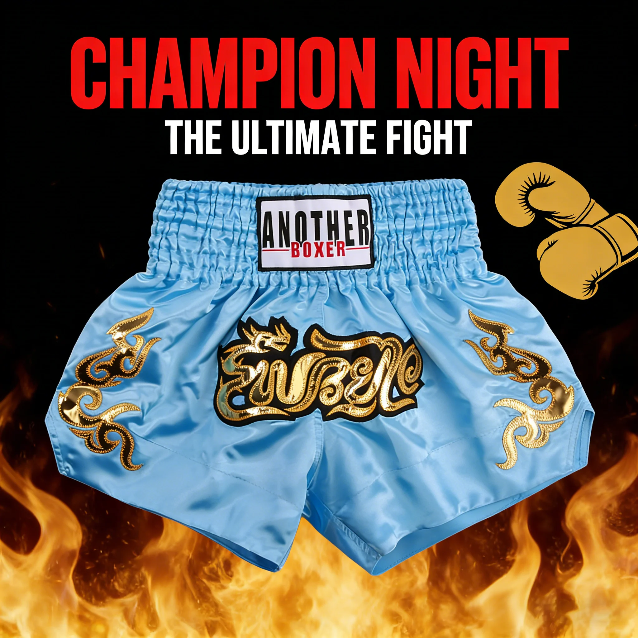 

Short Muay Thai Man Stylish Kick Boxing Shorts Women Kid Gold Embroidery Satin Kickboxing Cage Fight Pants MMA Martial Arts Gear
