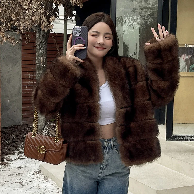 Faux Mink Fur Coat for Women Short Plush Jacket Warm Furry Overcoat Jackets Elegant Brown Eco Fur Coat  Winter Fashion 2023