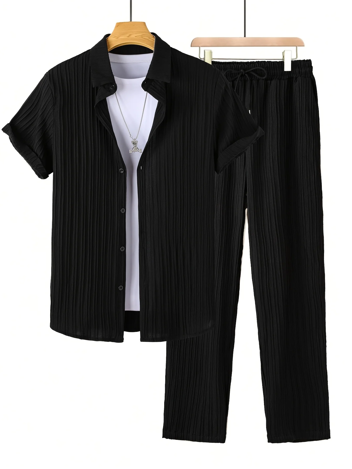 

Мужская повседневная текстурированная рубашка с коротким рукавом и шорты на шнурке, комплект из двух предметов для ежедневных путешествий, пеших прогулок, романтических прогулок