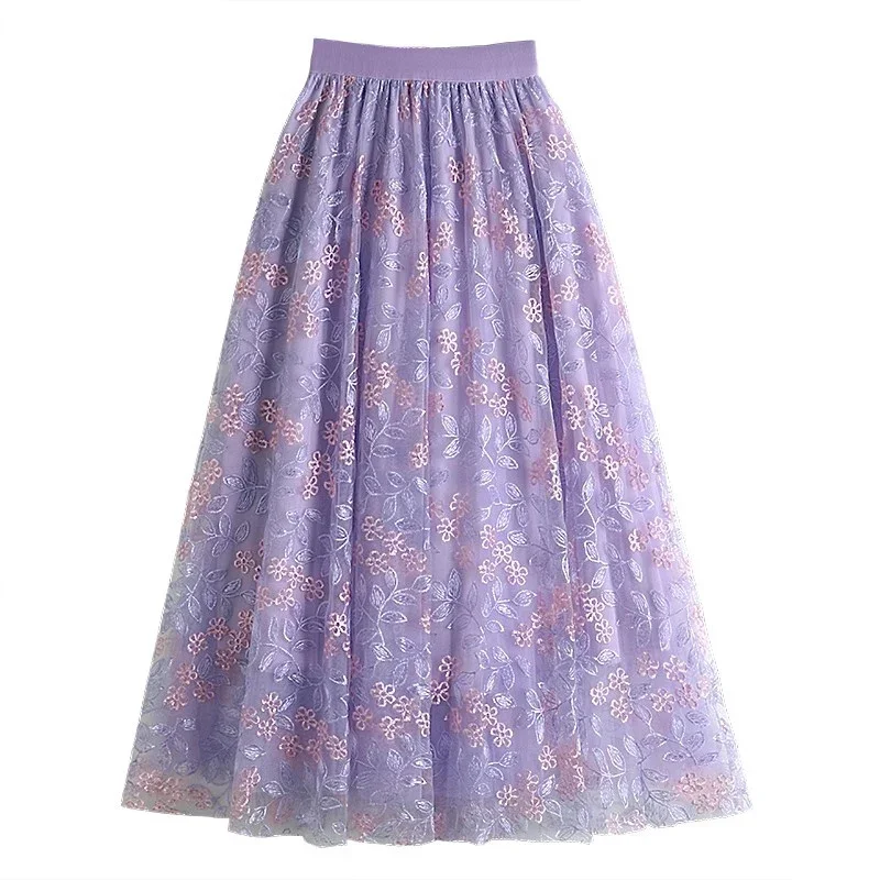 

TIGENA Aesthetic Floral Long Tulle Skirt for Women New Korean Elegant Embroidery Lace A Line High Waist Midi Mesh Skirt Female