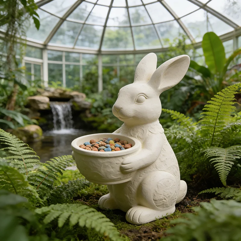 Pure White Polyresin Bunny Bird Feeder Statue Handmade Hand-painted Nautical Home Garden Courtyard Decoration