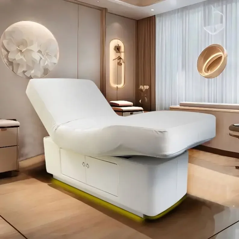 

Hot sale luxury beige beauty salon bed 2 motors electric massage cosmetic table chair facial spa bed