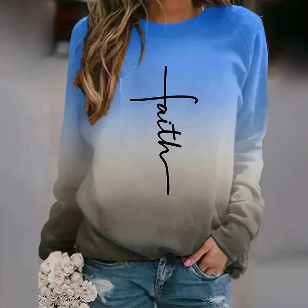 Women\'s New Long Sleeve Tops Gradient Faith 3d Letter Printed Round Neck Basic Shirts & Blouse Female Clothing Winter Autumn