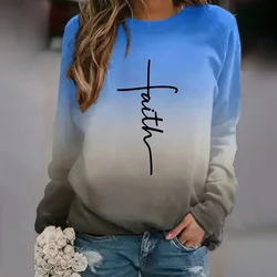 Women's New Long Sleeve Tops Gradient Faith 3d Letter Printed Round Neck Basic Shirts & Blouse Female Clothing Winter Autumn