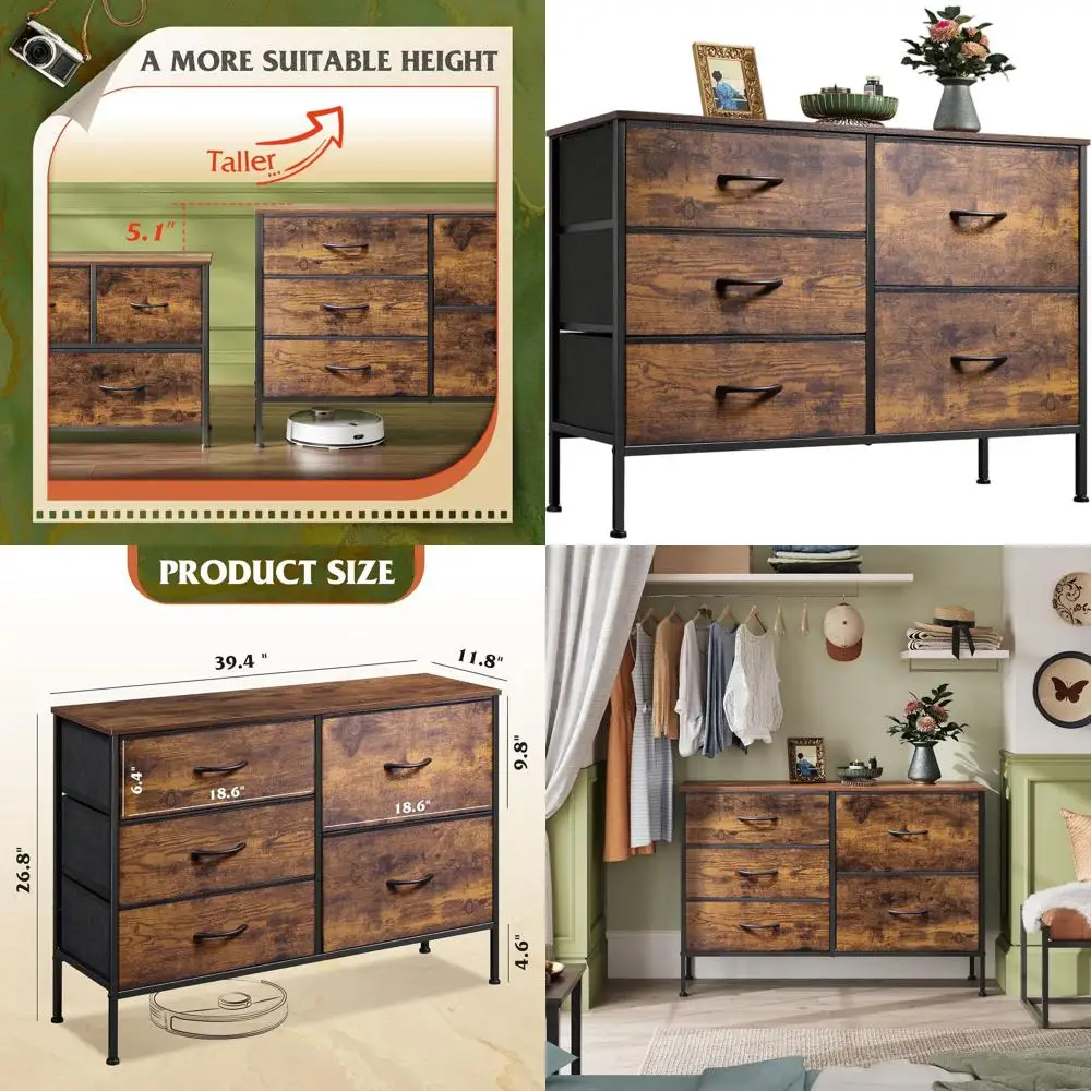 

Комод для спальни с 5 ящиками, широкий комод для спальни, тканевый комод для гостиных, отделка из коричневого дерева в деревенском стиле