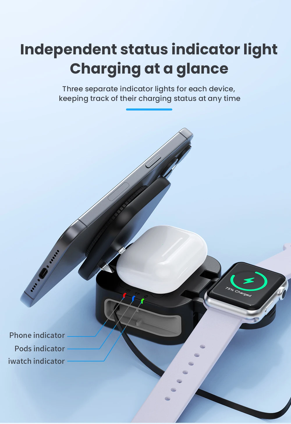 3-in-1 Magnetischer Faltbarer Reise-Schnell-Ladeständer für Magsafe iPhone 16 15 14 13 12 Pro Apple Watch 2-9 SE Airpods Pro – Detail 9