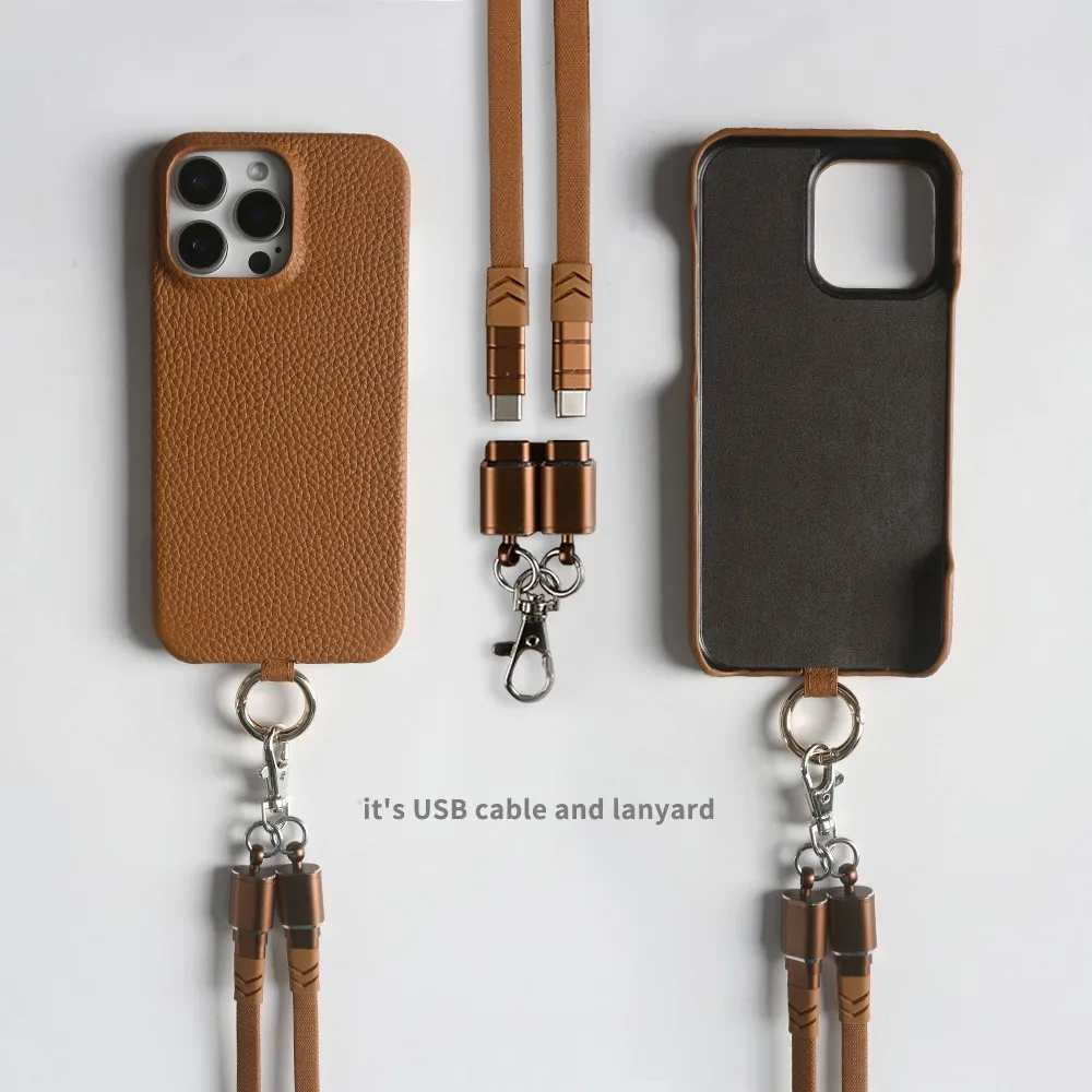 Luxury USB Charging Cable Genuine Leather Case For iPhone 16 Pro Max 15Pro 11 13 12pro 14Pro Strap Crossbody Lanyard Phone Cover