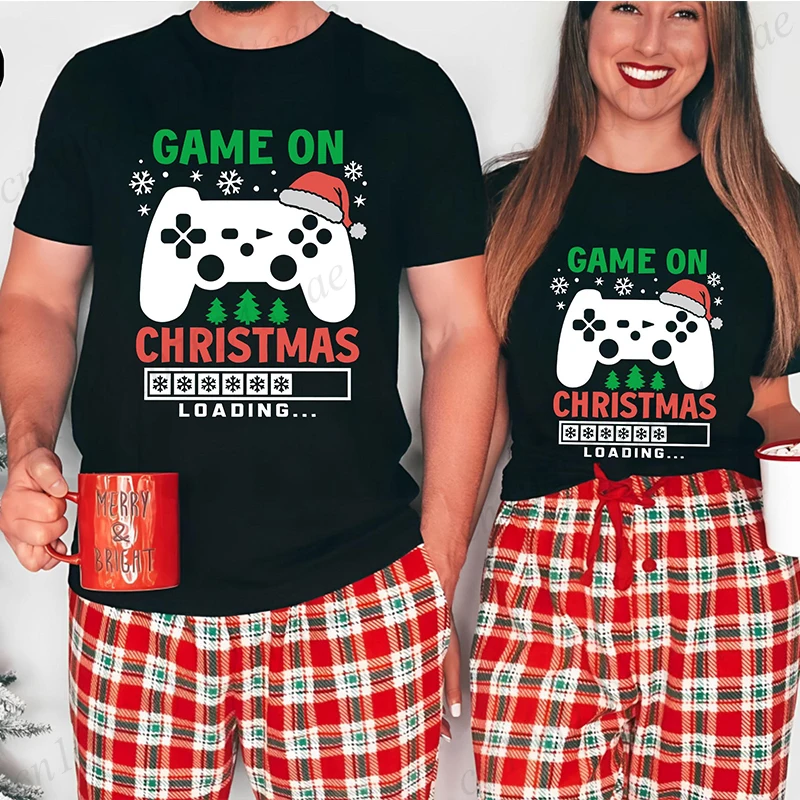 Game on Christmas Loading Printed Fashion T-Shirt, Couples Lover Tee, Video Game Controllers Christmas for Men Women T-Shirts