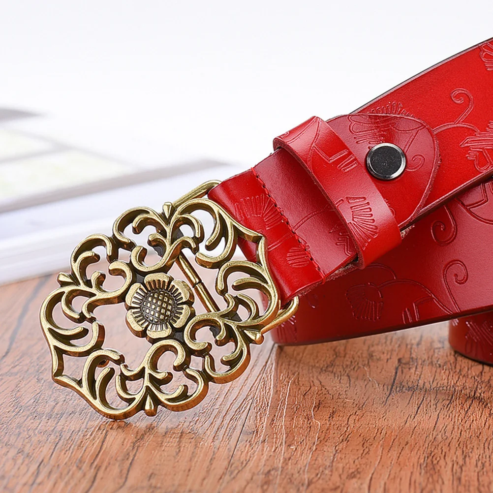 

110cm Classic Women Belt Red Flower Shape Buckle Debossed Stylish Design Comfortable Breathable Daily