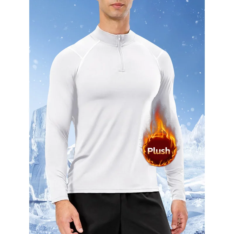 Men's Sports Fleece-lined -shirt Thickening Stand Collar Long-Sleeve Zipper Running Cycling Outdoor Sports Fitness Clothes