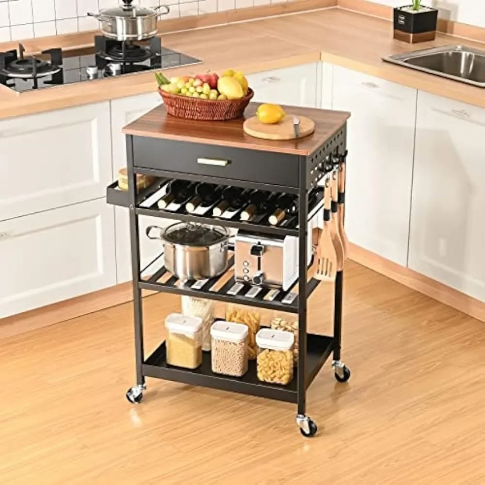 Kitchen Island Cart with Drawer, Rolling Kitchen Service Cart with Tabletop, Storage Trolley Cart for Kitchen, Dining Room