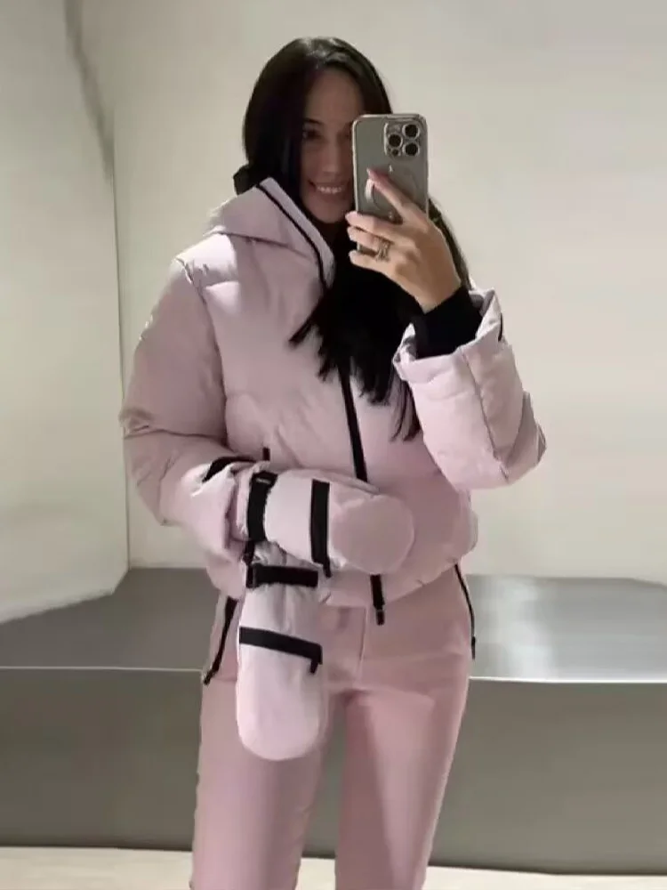 

HH женская мода 2026 с длинным рукавом на молнии с капюшоном для катания на лыжах с хлопковой подкладкой куртка на шнурке + карман с высокой талией повседневный зимний комплект брюк