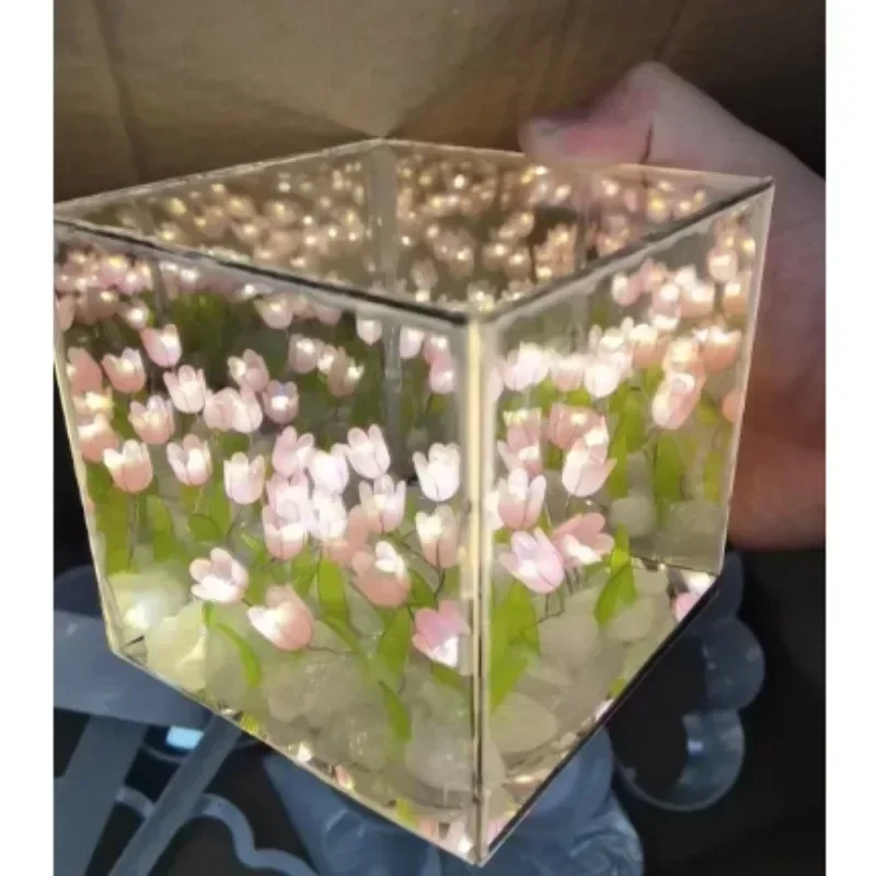 DIY Flower Sea 3D Cloud Tulip LED Night Light Mirror Table Lamps Bedroom Ornaments Decoration Mirror Table Lamps Bedside Gifts