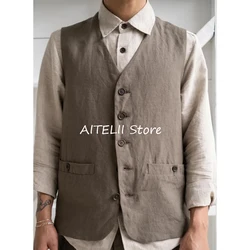 Formal Men's Retro Solid Color Vest Cotton Linen Slim V-neck Single Breasted Sleeveless Suitable for Leisure Business Cool Coat