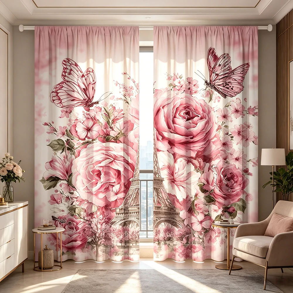 2PCS Rose Eiffel Tower Curtains, Paris Romantic Print, French Style Window Drapes for Living Room Bedroom Decor