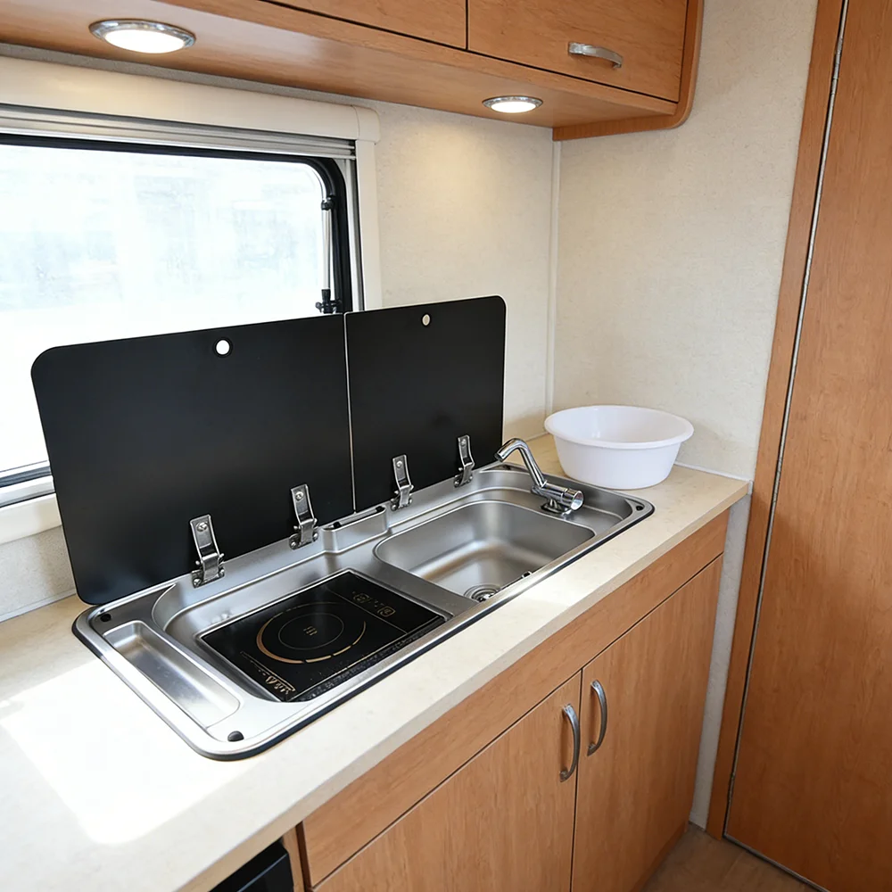 JDA Durable SS304 Drop-in RV Sink And Induction Cooker For Camper And Caravan Kitchens, Corrosion-resistant And Easy To Install