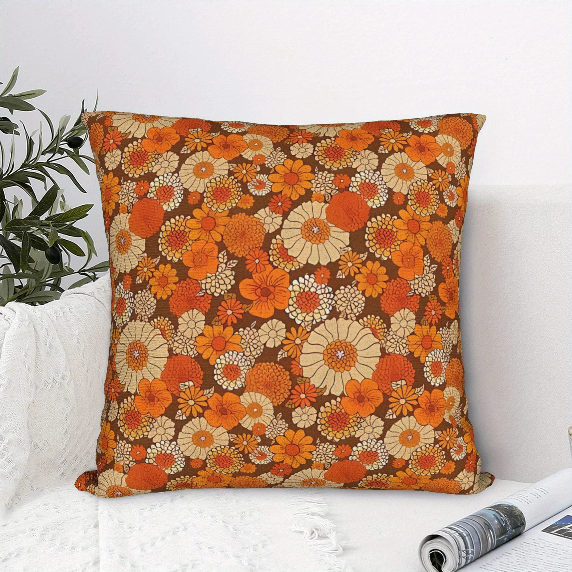 

Ретро-чехол для подушки с цветочным принтом, дизайн с оранжевыми и коричневыми ромашками в стиле 70-х, для гостиной, спальни, домашнего декора, подарок.