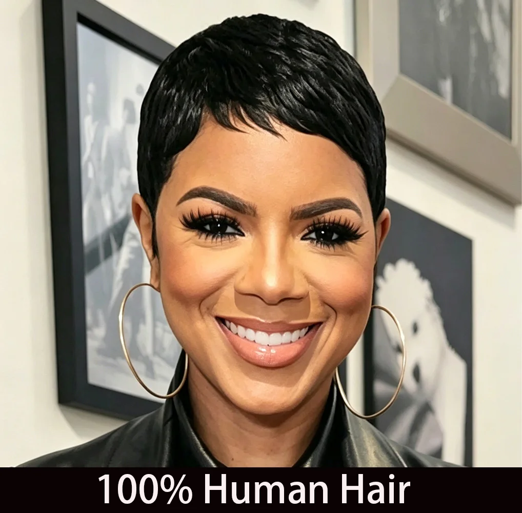 Schwarze kurze Pixie-Schnitt-Perücke für Damen mit Pony, natürlicher Look, brasilianisches Echthaar, volle Maschinenperücke, 150 % Dichte für den täglichen Gebrauch