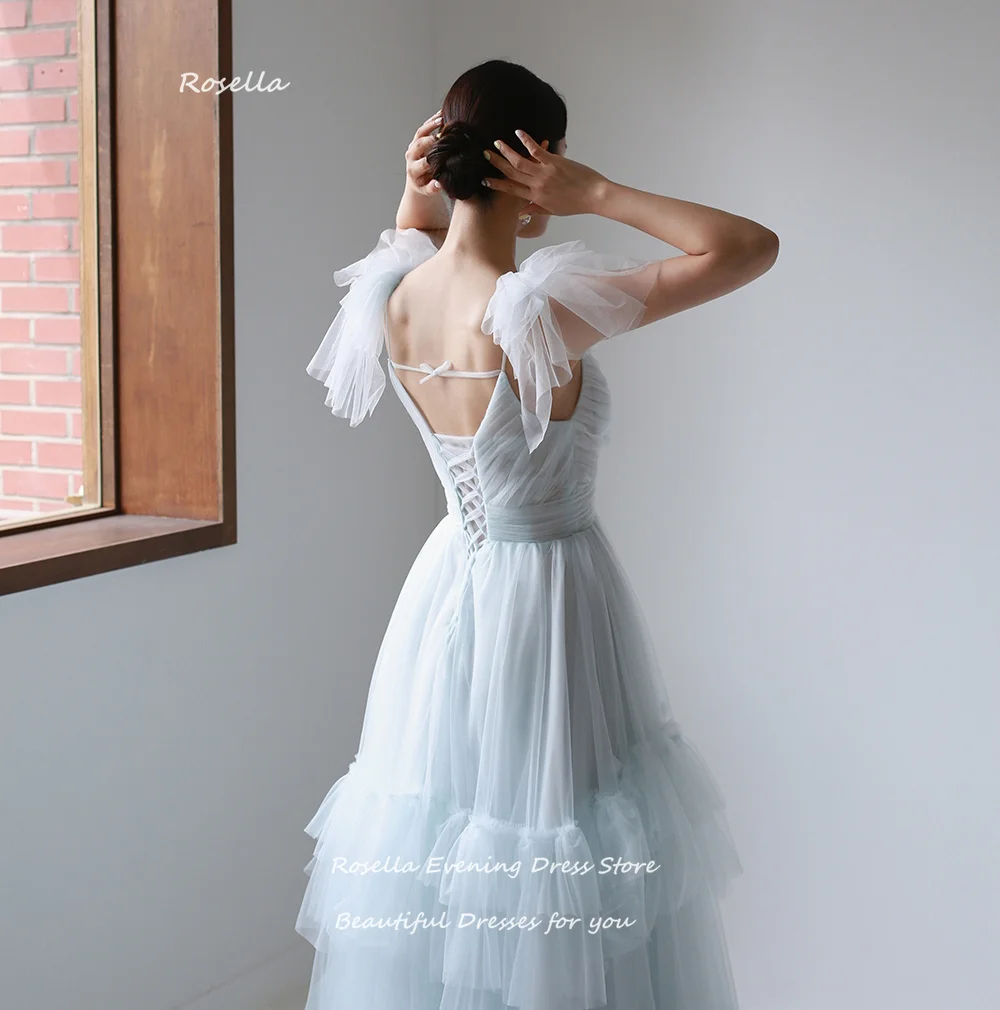 ROSELLA Fairy Sky Blue Spaghetti Straps Prom Dresses Tulle Tiered Floor Length 3D Flowers Garden Formal Party Ball Gown Korean