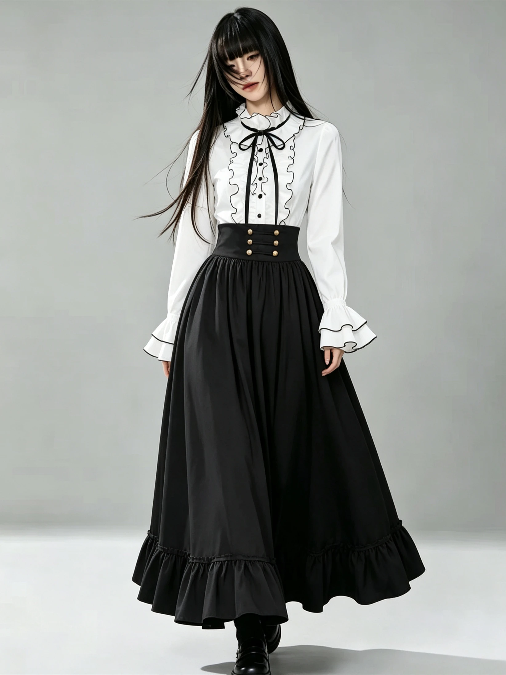 Conjunto de dos piezas de estilo gótico y vintage de Harajuku para mujer: elegante camisa con cuello y falda de corte en A de estilo retro, ideal para cosplay, ropa de calle y para combinar con una falda.
