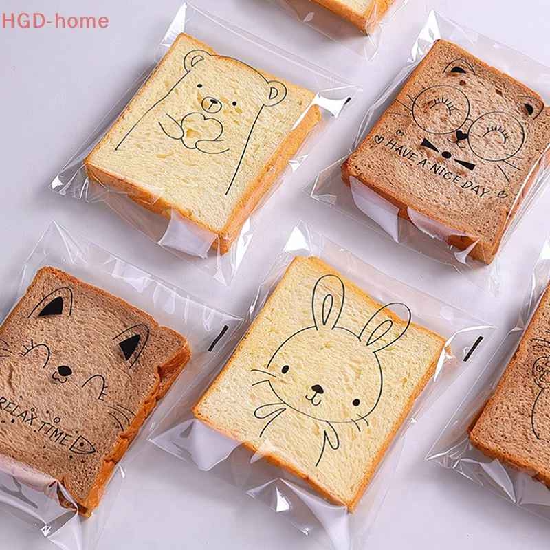 100PCS Transparent Self-adhesive Candy Gift Bags Cute Bunny Cat Bear Animal Bread Toast Cookies Baking Packaging Bag Supplies