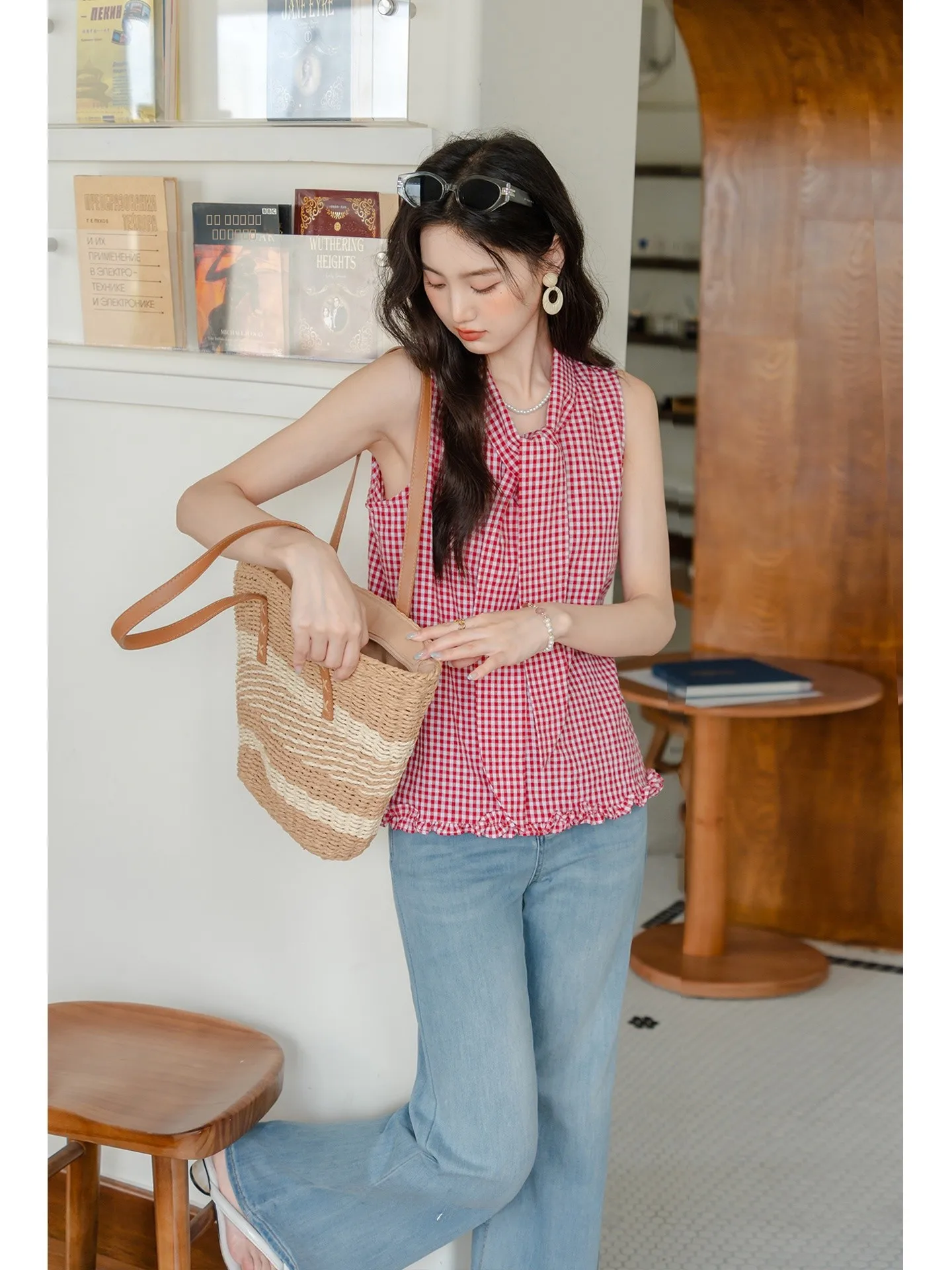 

Красный клетчатый жилет на бретельках для женщин, летняя одежда для активного отдыха, хлопковый жилет с узором в клетку, тонкий дизайн, модель Sle Fre Ne